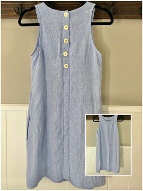 JCREW 100% Linen 100% Cotton Light Blue Chambray Sleeveless Button Back Dress